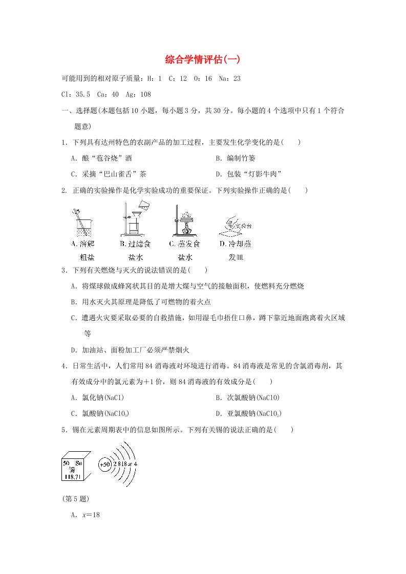 2024九年级化学下册综合学情评估一科粤版