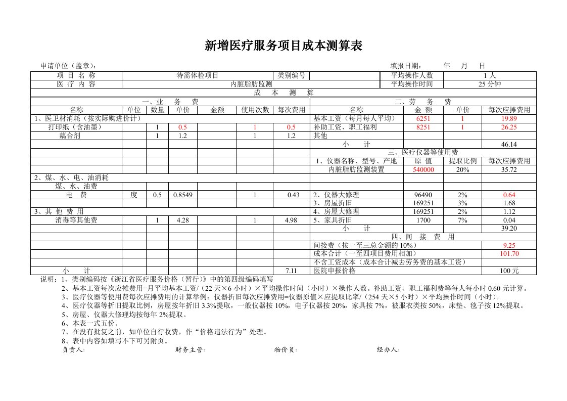 新增医疗服务项目成本测算表