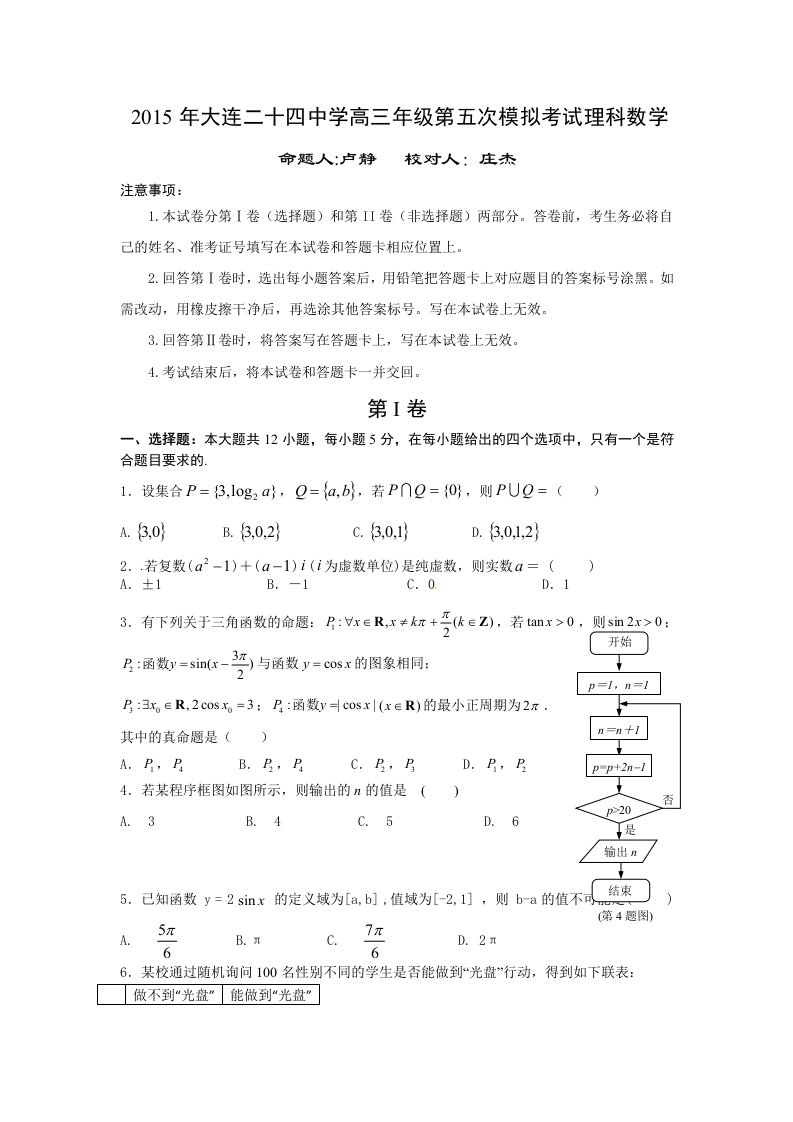 大连市第二十四中学2015届高三第五次模拟考试数学理