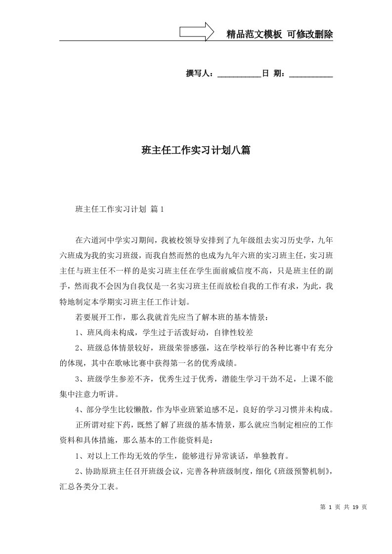 班主任工作实习计划八篇