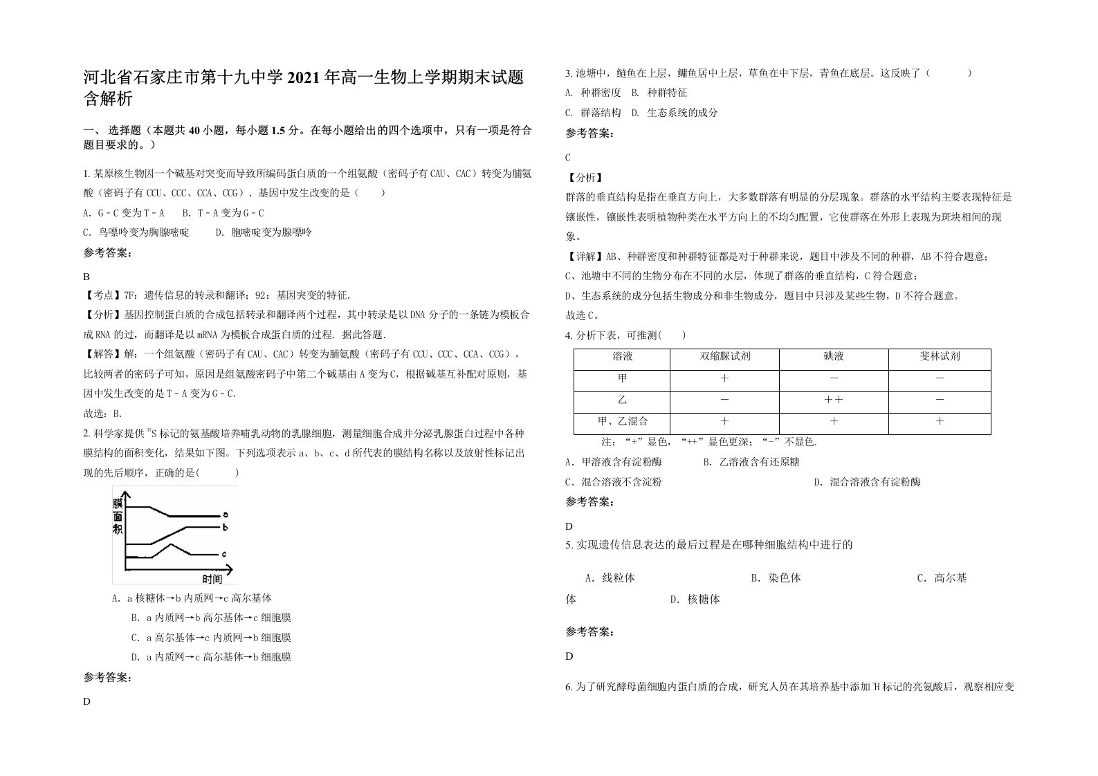 河北省石家庄市第十九中学2021年高一生物上学期期末试题含解析