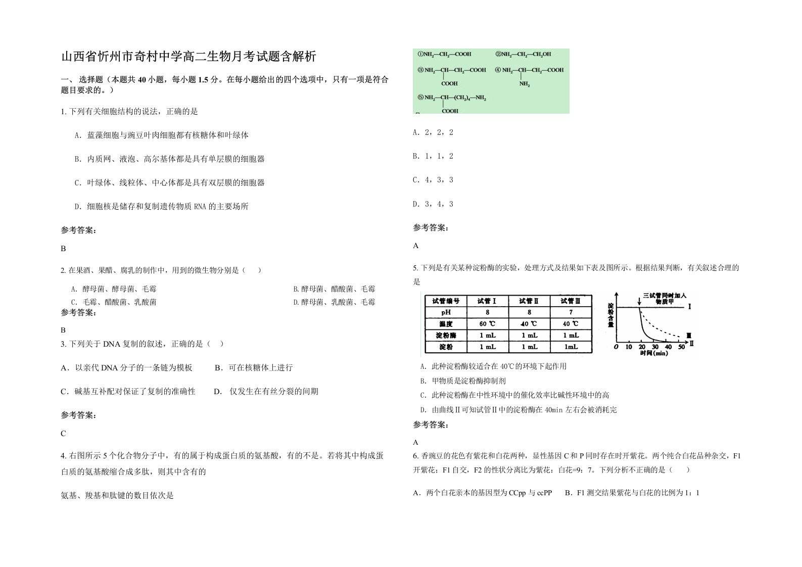 山西省忻州市奇村中学高二生物月考试题含解析