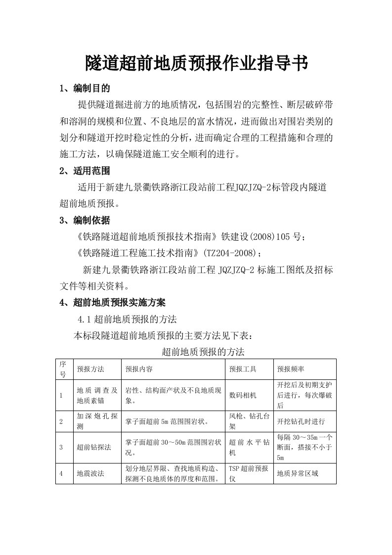 新建九景衢铁路浙江段某隧道超前地质预报作业指导书