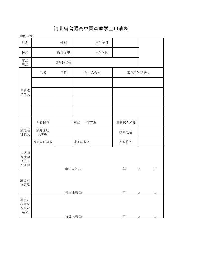 河北省普通高中国家助学金申请表