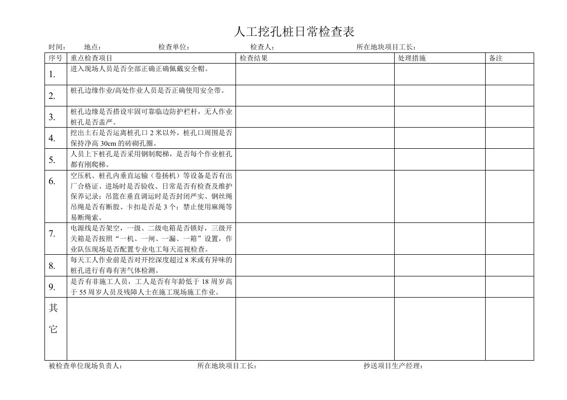 人工挖孔桩日常检查表.doc