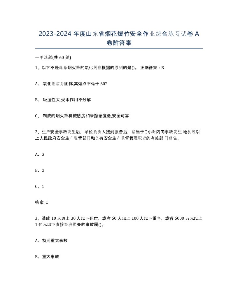 20232024年度山东省烟花爆竹安全作业综合练习试卷A卷附答案