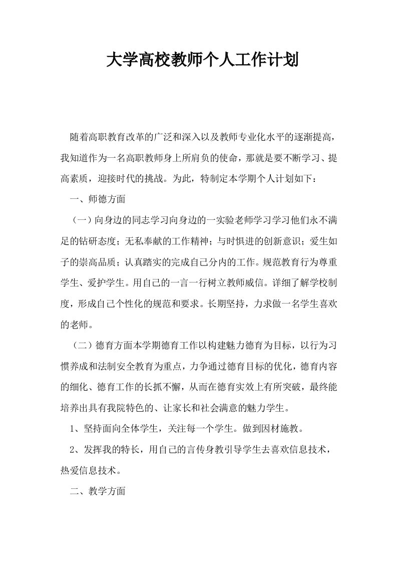 大学高校教师个人工作计划