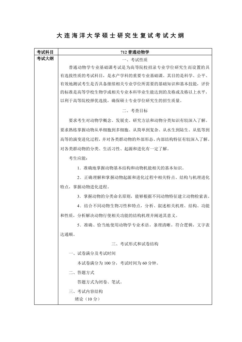 大连海洋大学硕士研究生复试考试大纲