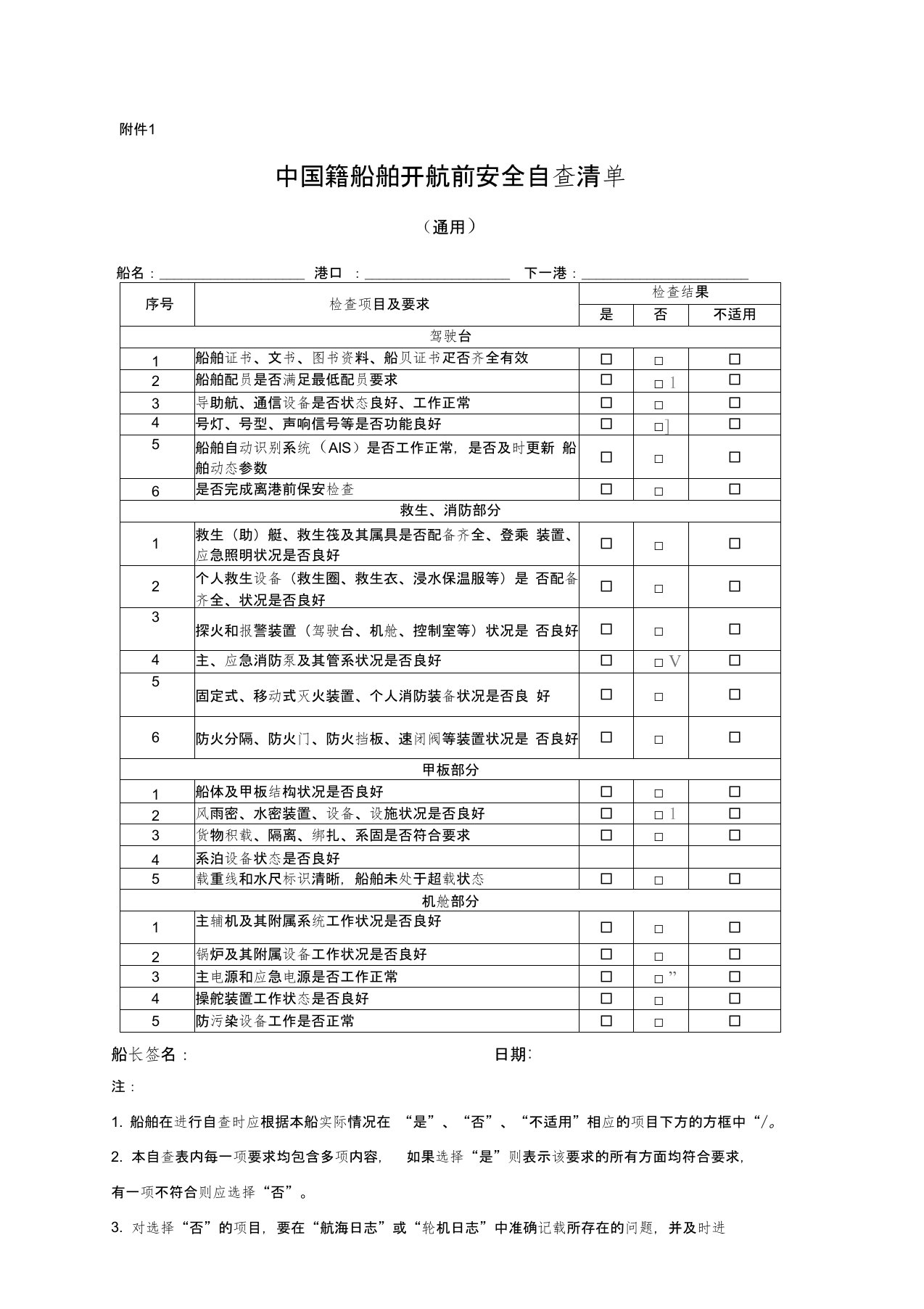 中国籍船舶开航前安全自查清单(2017新版)