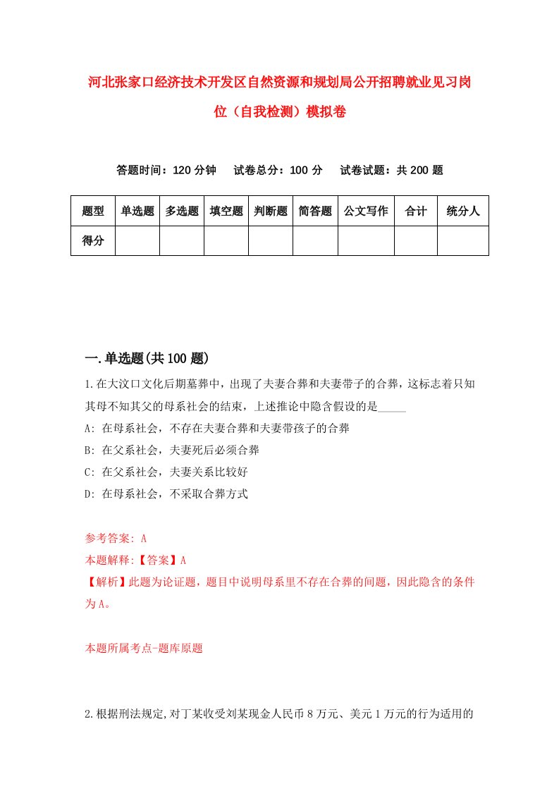 河北张家口经济技术开发区自然资源和规划局公开招聘就业见习岗位自我检测模拟卷第2次