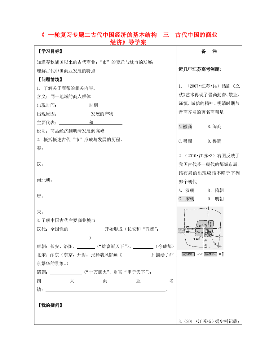 江苏省盐城市时杨中学2012-2013学年高一历史下学期《古代中国的商业经济》导学案