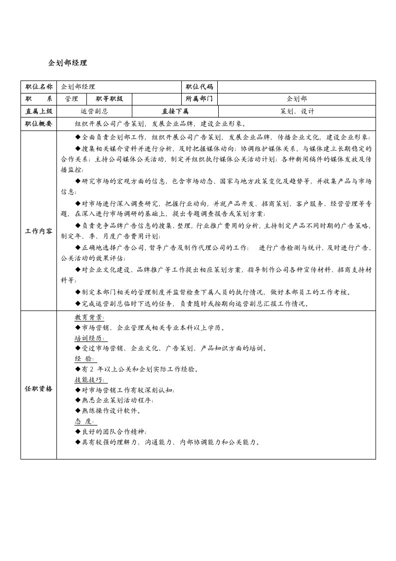 物业管理-某物业管理企业企划部经理岗位职责