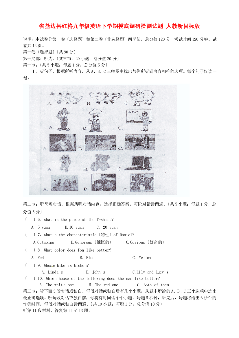 （整理版）盐边县红格九年级英语下学期摸底调研检测试题人教新目