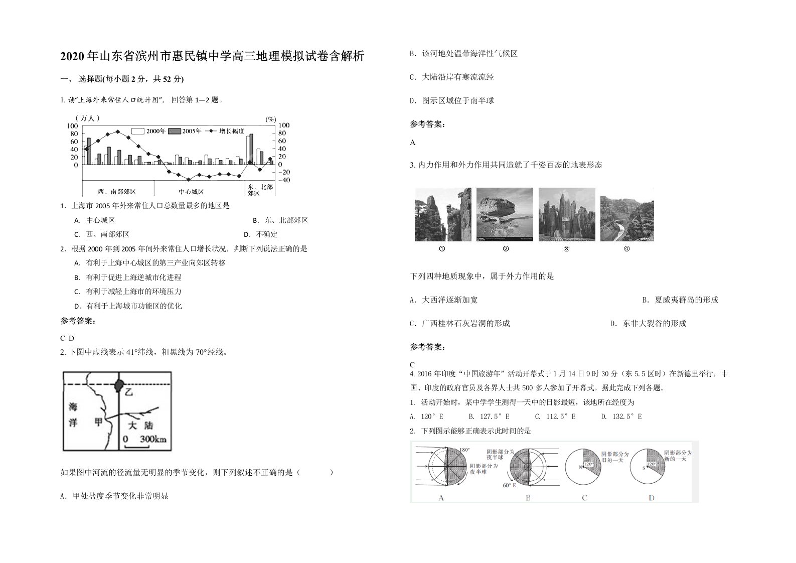 2020年山东省滨州市惠民镇中学高三地理模拟试卷含解析