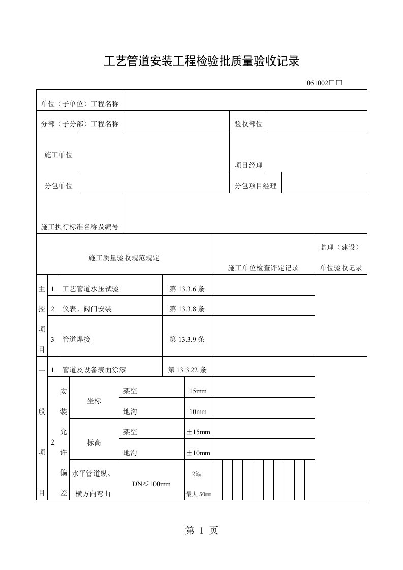 工艺管道安装工程检验批质量验收记录表（doc格式）