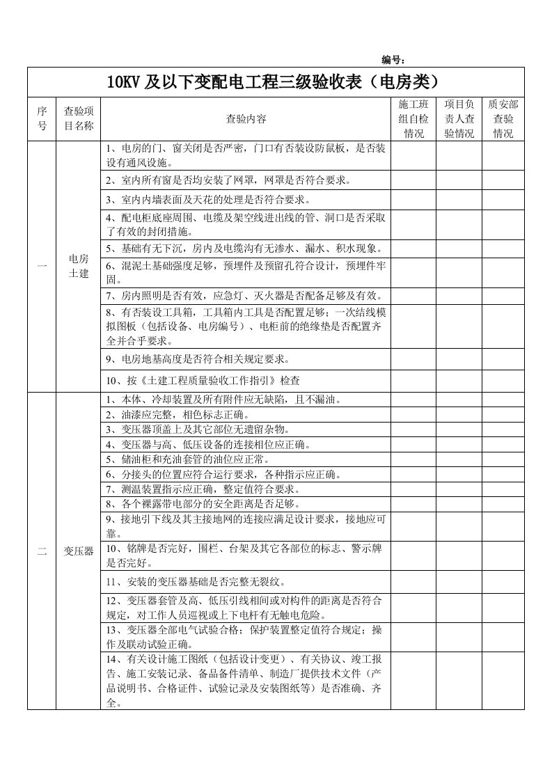 电房类验收表格