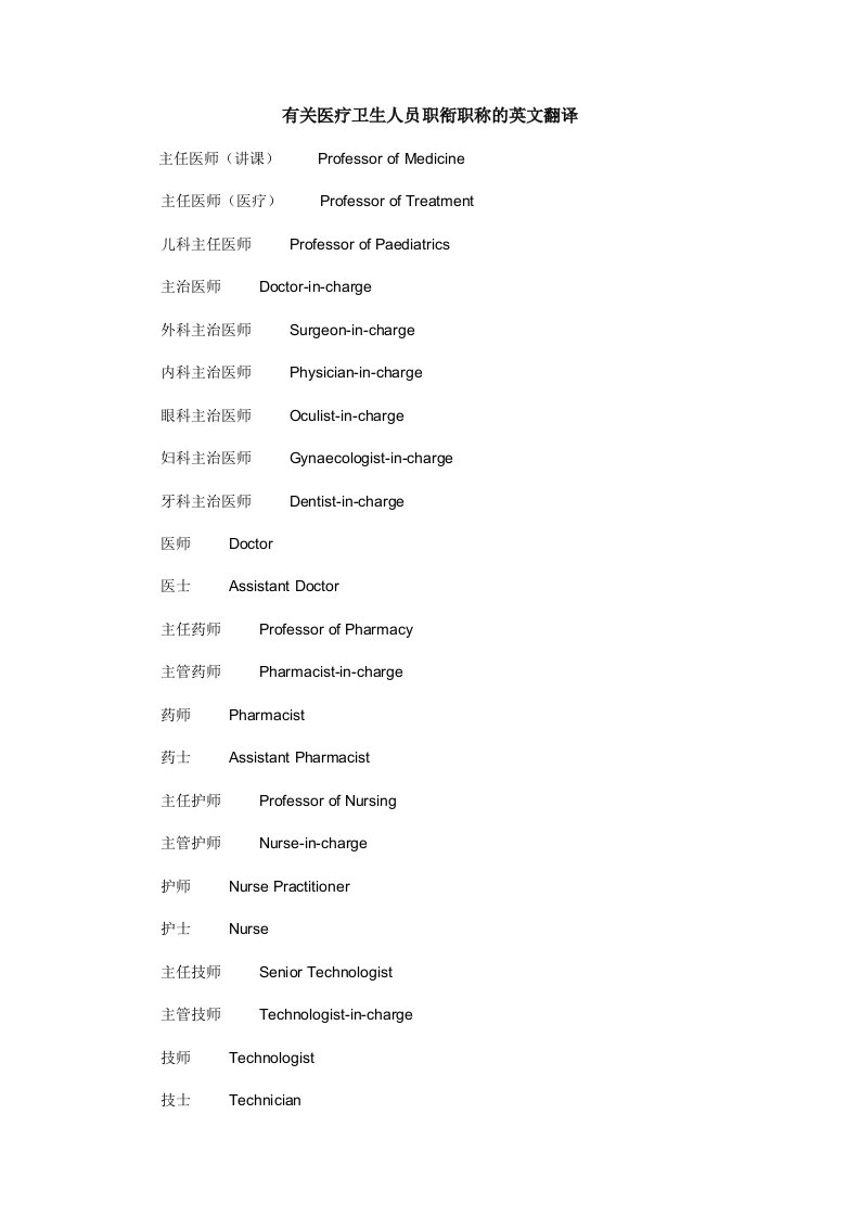 员工管理-有关医疗卫生人员职衔职称的英文翻译