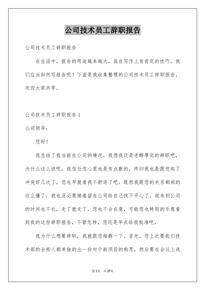 公司技术员工辞职报告例文