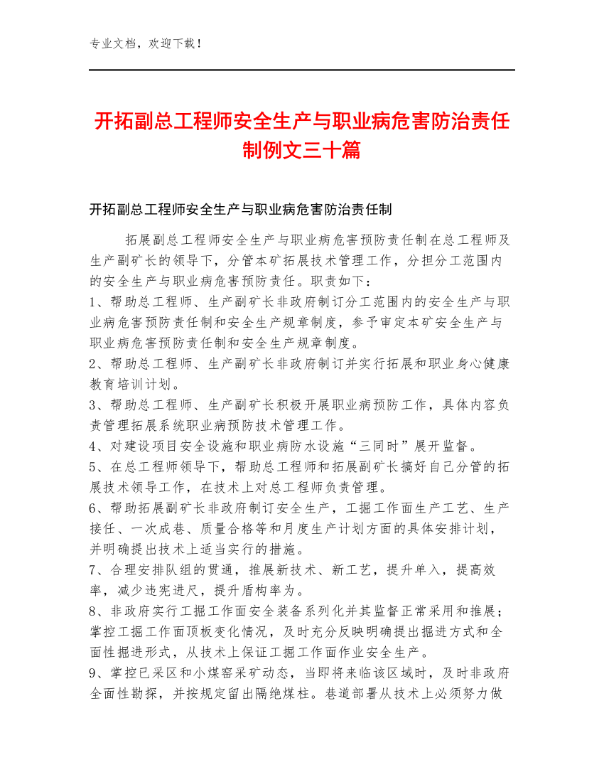 开拓副总工程师安全生产与职业病危害防治责任制例文三十篇