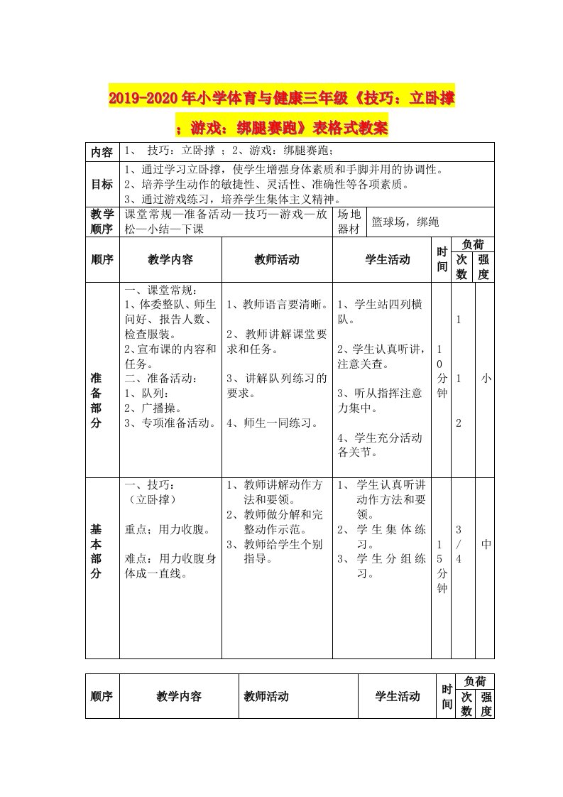 2019-2020年小学体育与健康三年级《技巧：立卧撑；游戏：绑腿赛跑》表格式教案