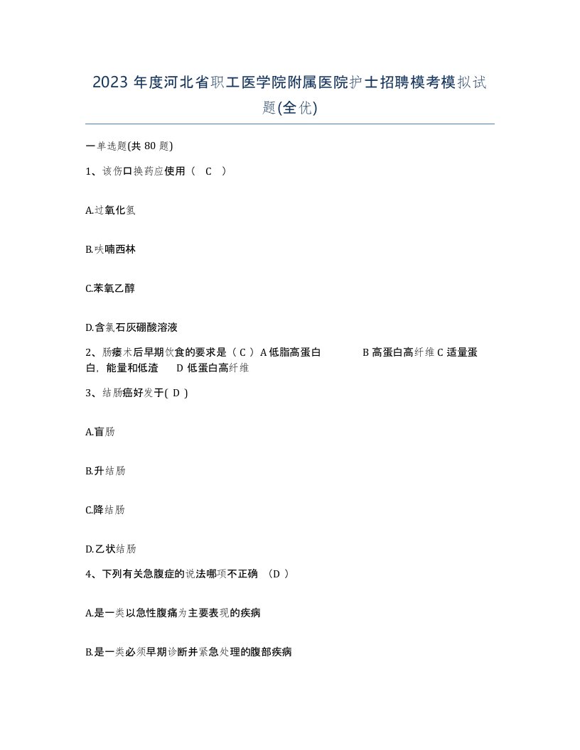 2023年度河北省职工医学院附属医院护士招聘模考模拟试题全优