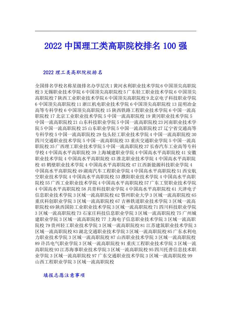 中国理工类高职院校排名100强