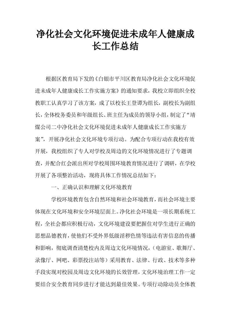 净化社会文化环境促进未成年人健康成长工作总结