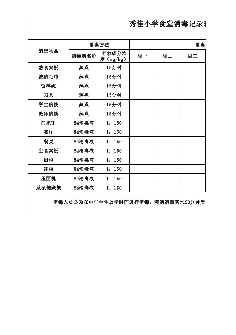 学校食堂消毒记录表