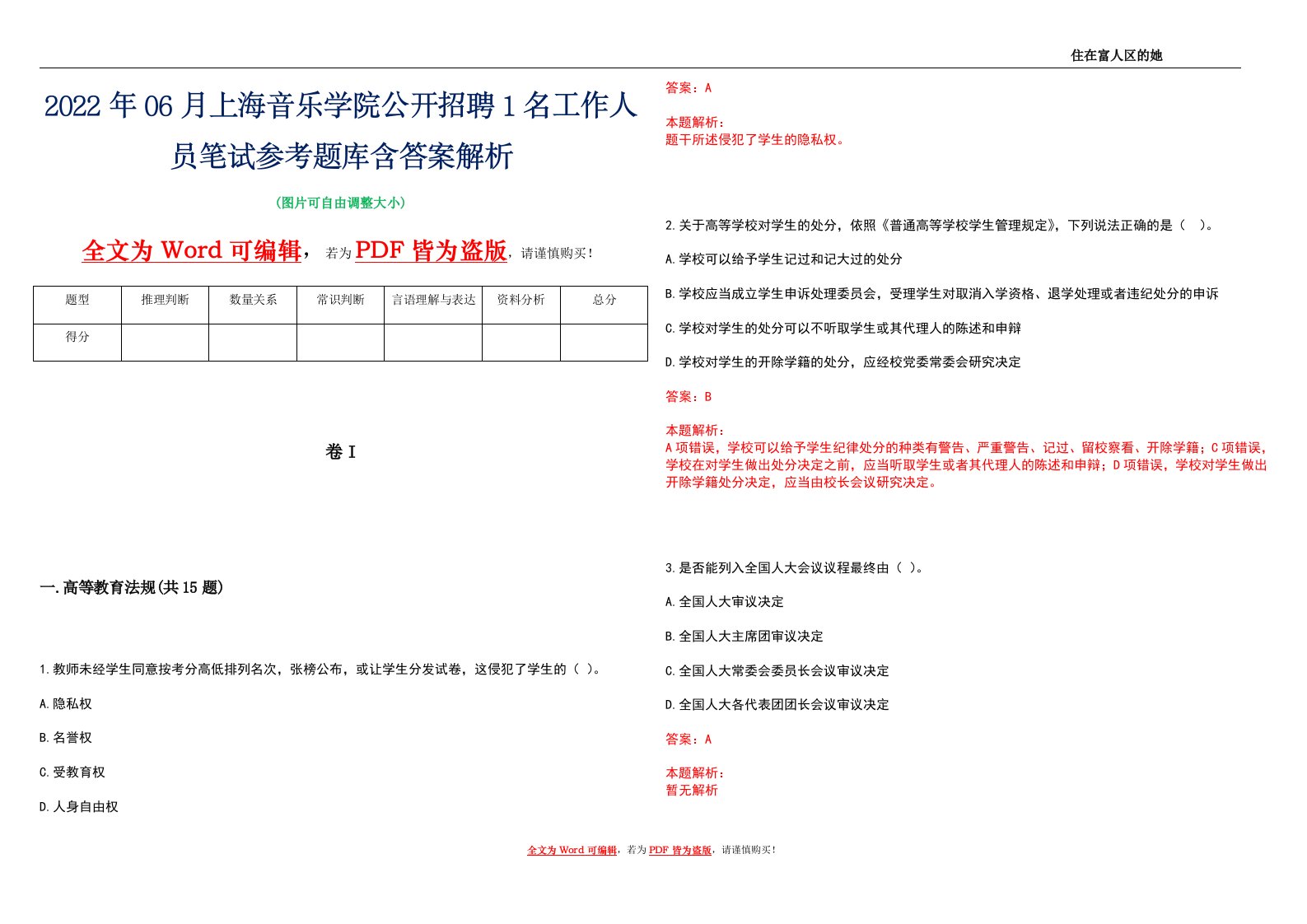 2022年06月上海音乐学院公开招聘1名工作人员笔试参考题库含答案解析