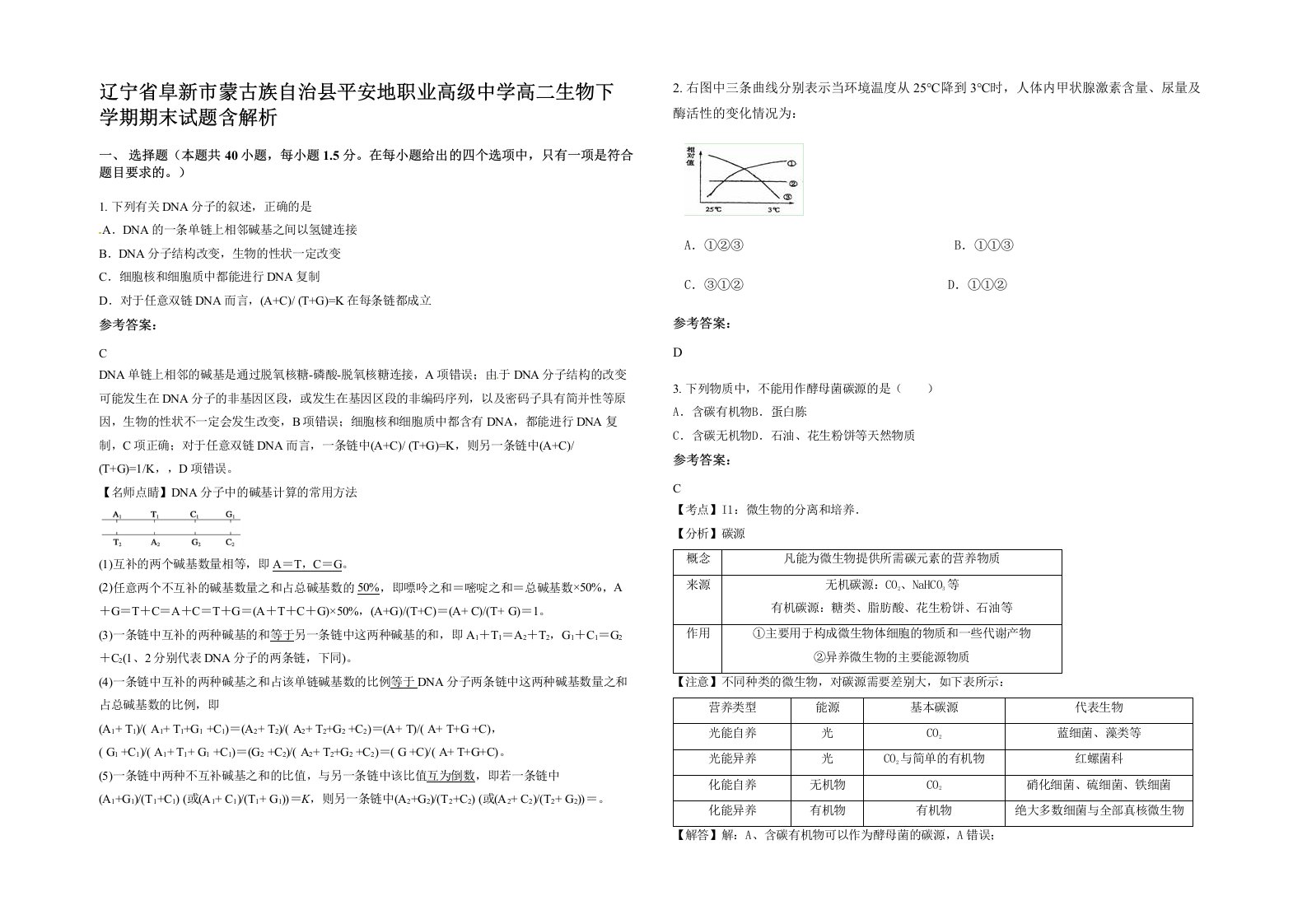 辽宁省阜新市蒙古族自治县平安地职业高级中学高二生物下学期期末试题含解析