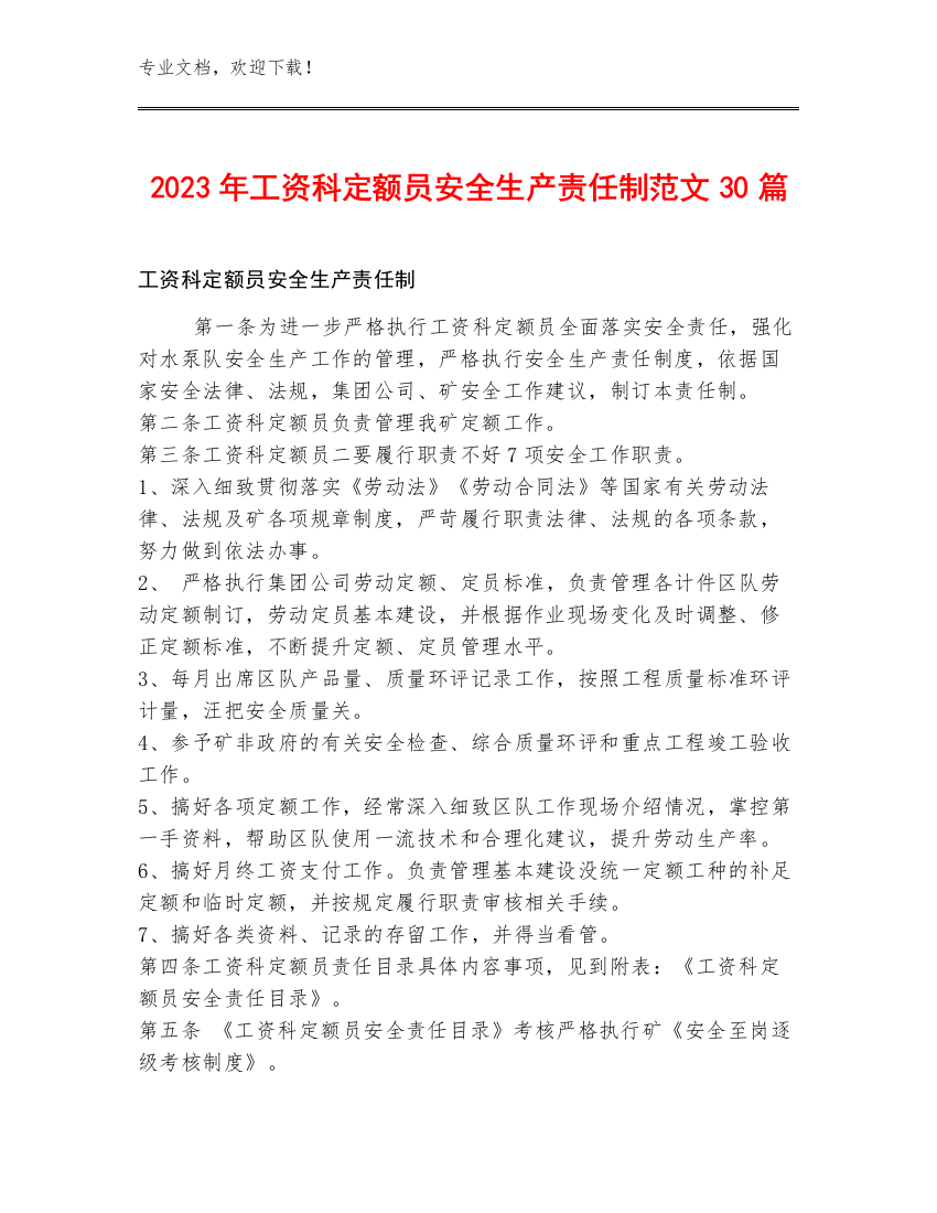 2023年工资科定额员安全生产责任制范文30篇