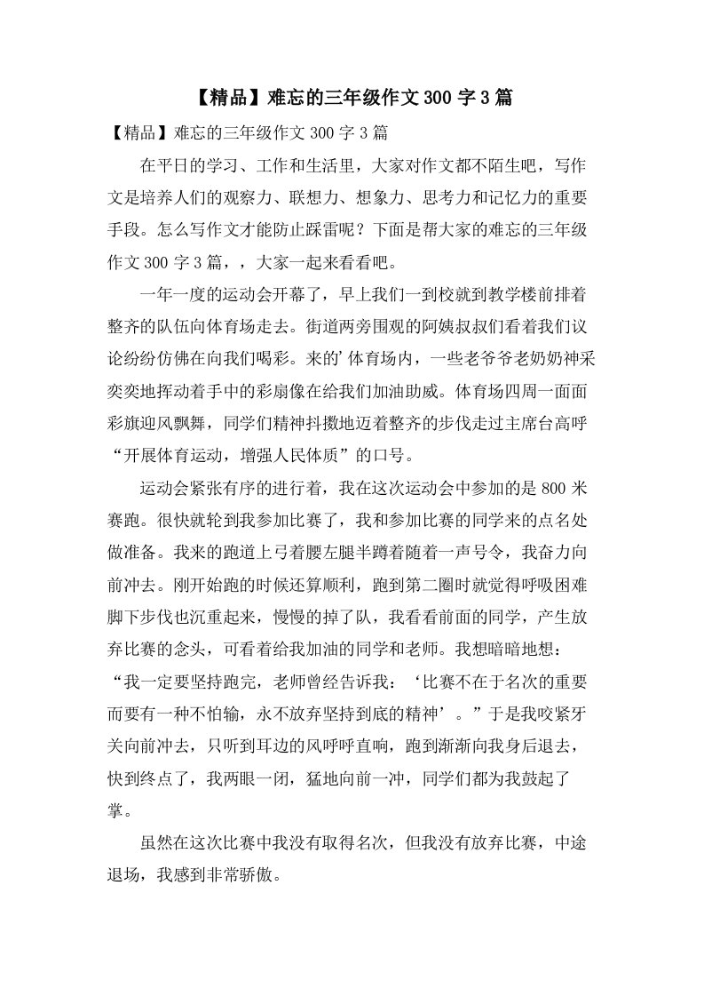 难忘的三年级作文300字3篇