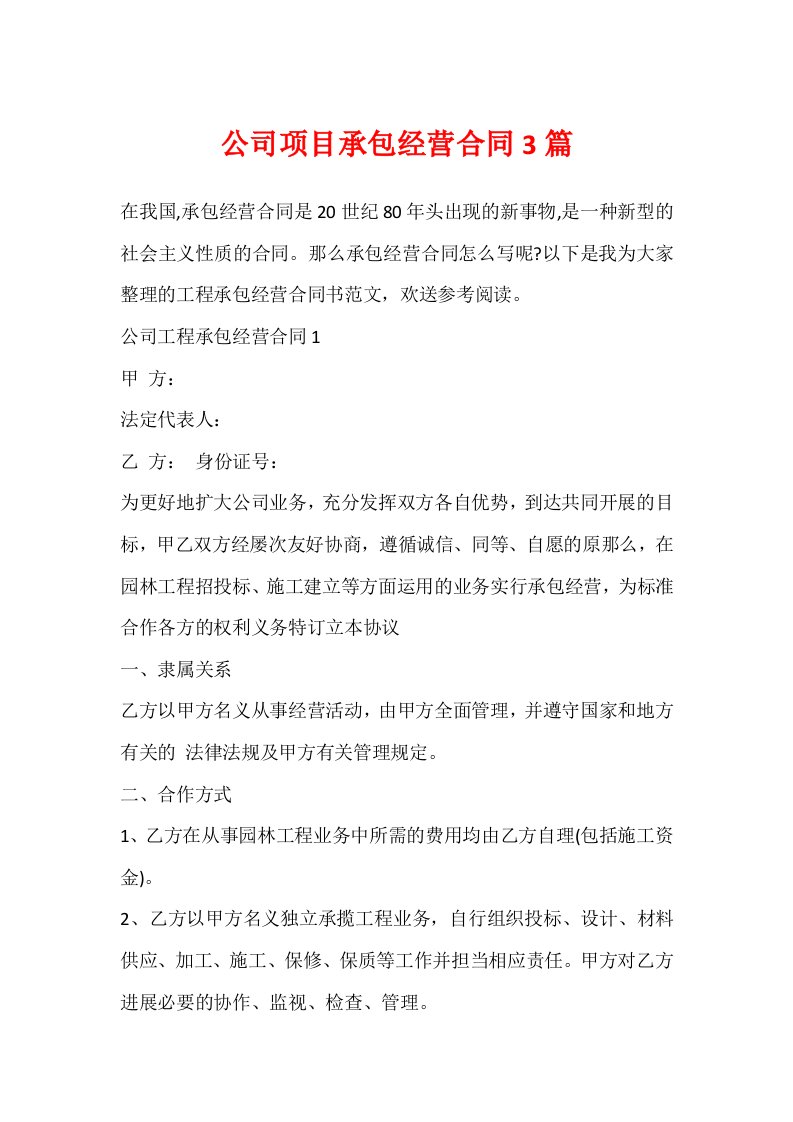 公司项目承包经营合同3篇