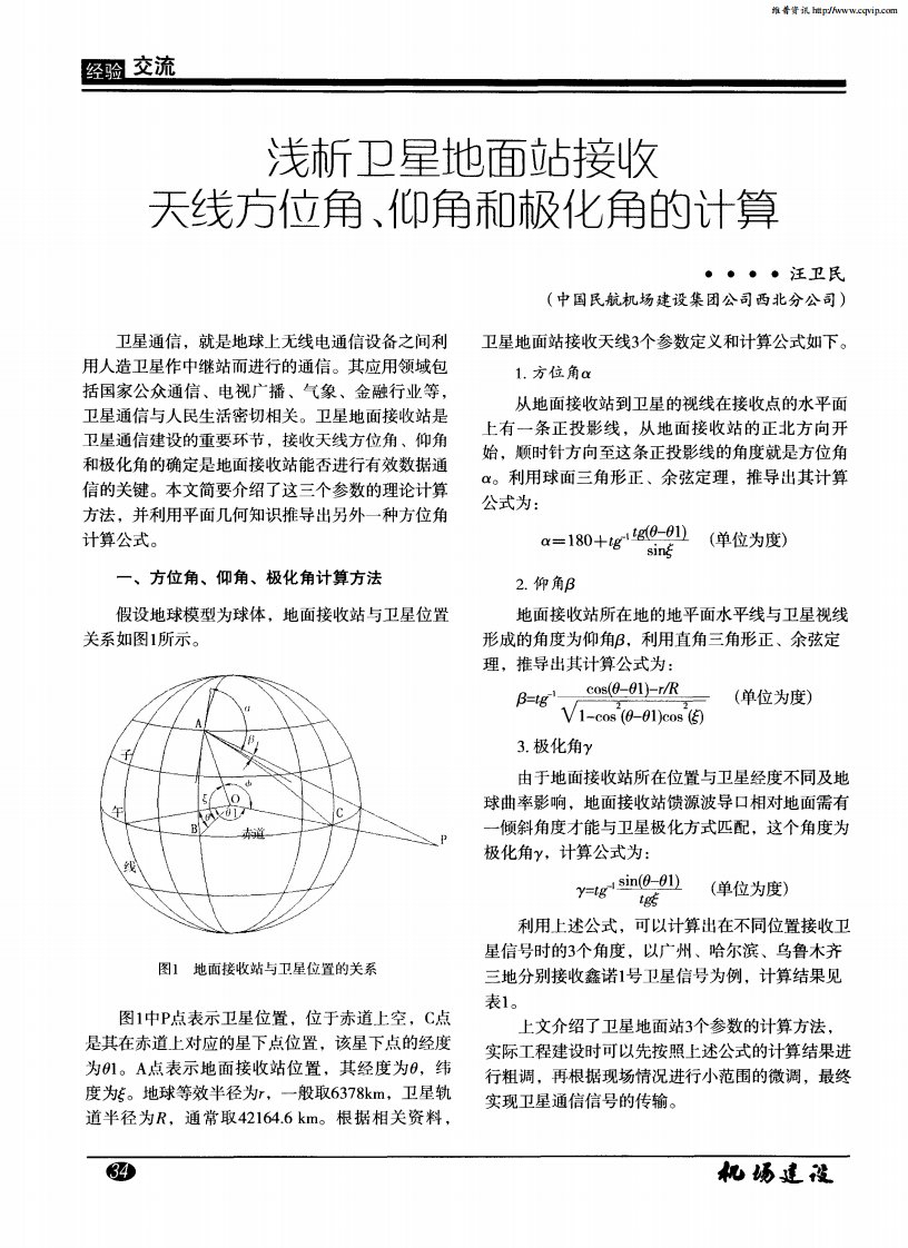 浅析卫星地面站接收天线方位角、仰角和极化角的计算.pdf