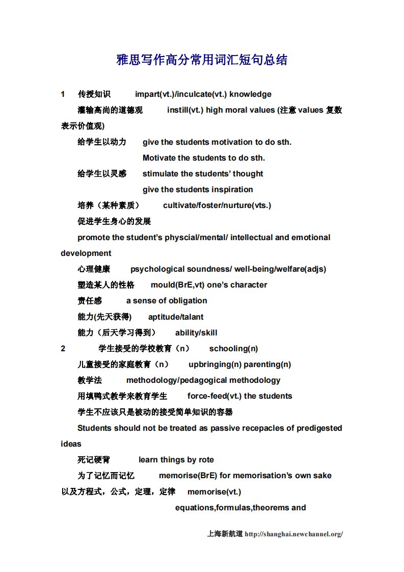 雅思写作高分常用词汇短句总结