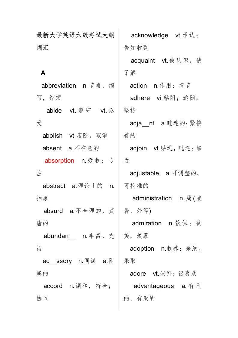 最新大学英语6级词汇表