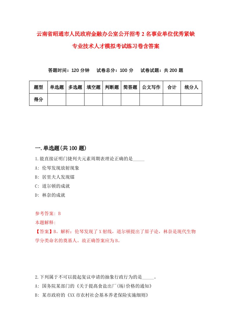 云南省昭通市人民政府金融办公室公开招考2名事业单位优秀紧缺专业技术人才模拟考试练习卷含答案1