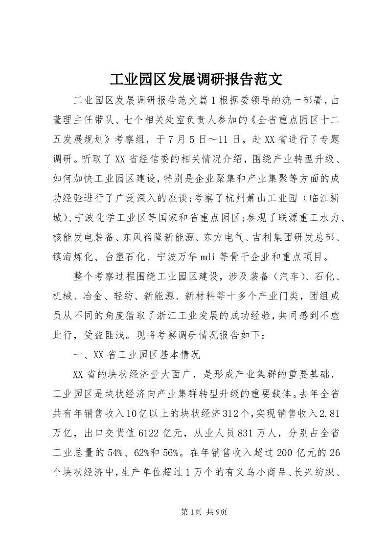 工业园区发展调研报告范文