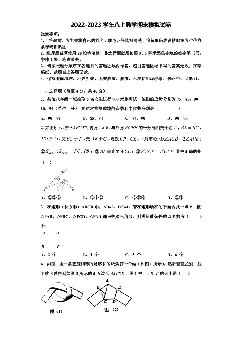 2023届山东省枣庄市八年级数学第一学期期末统考模拟试题含解析