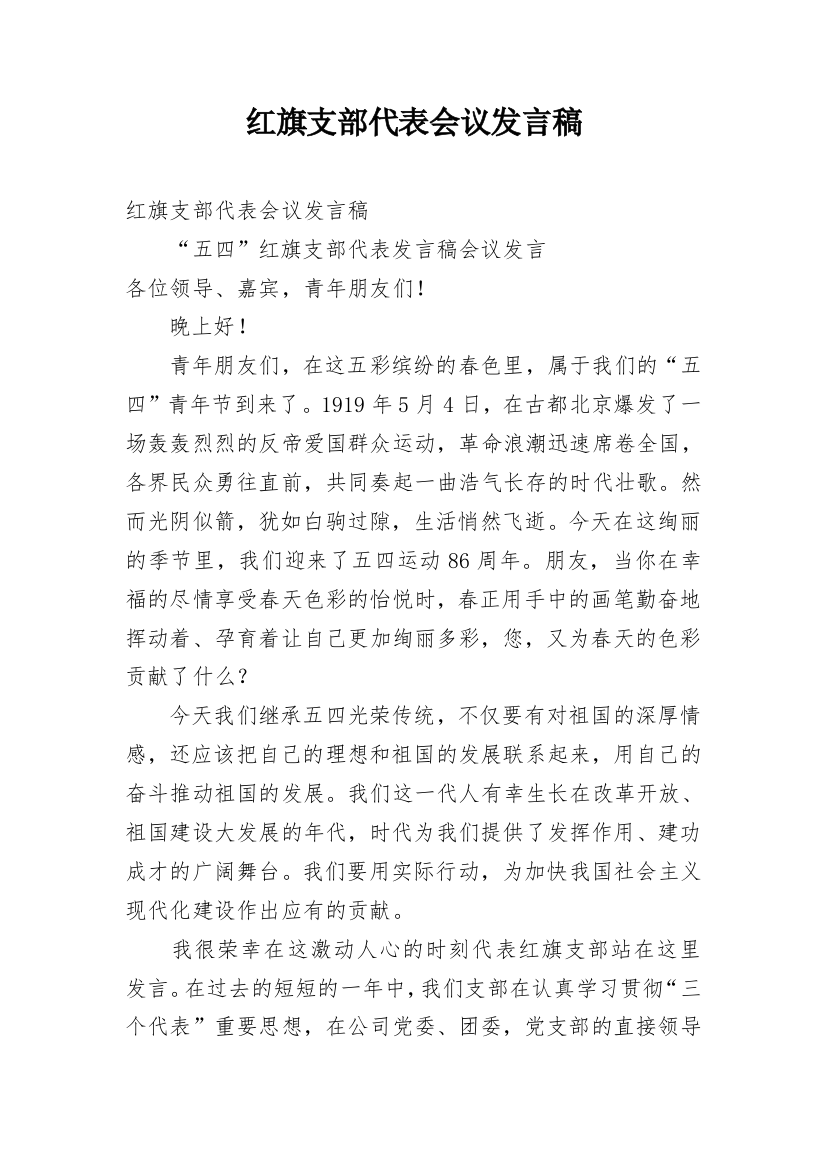 红旗支部代表会议发言稿