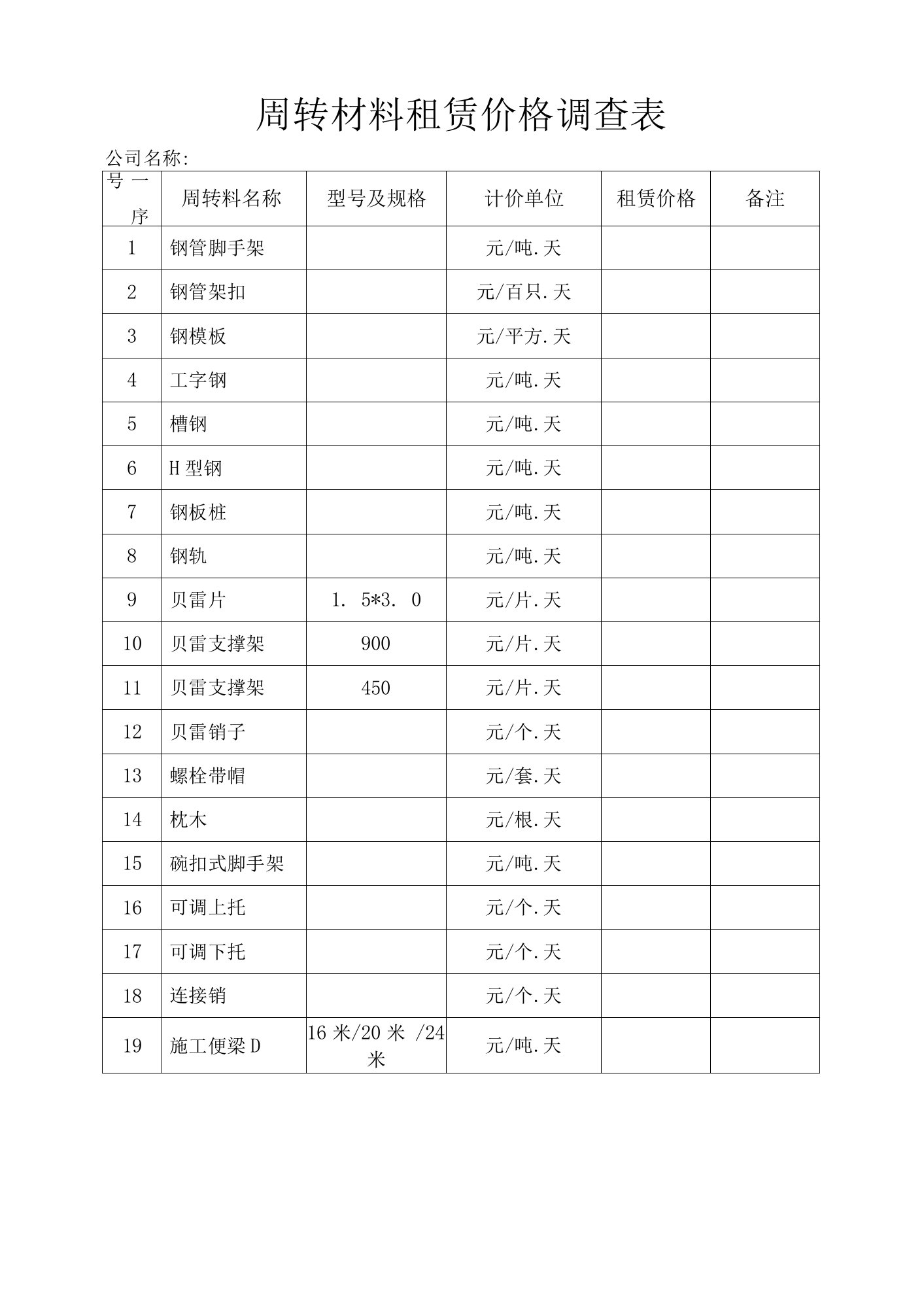 建筑工程公司周转材料租赁价格调查表