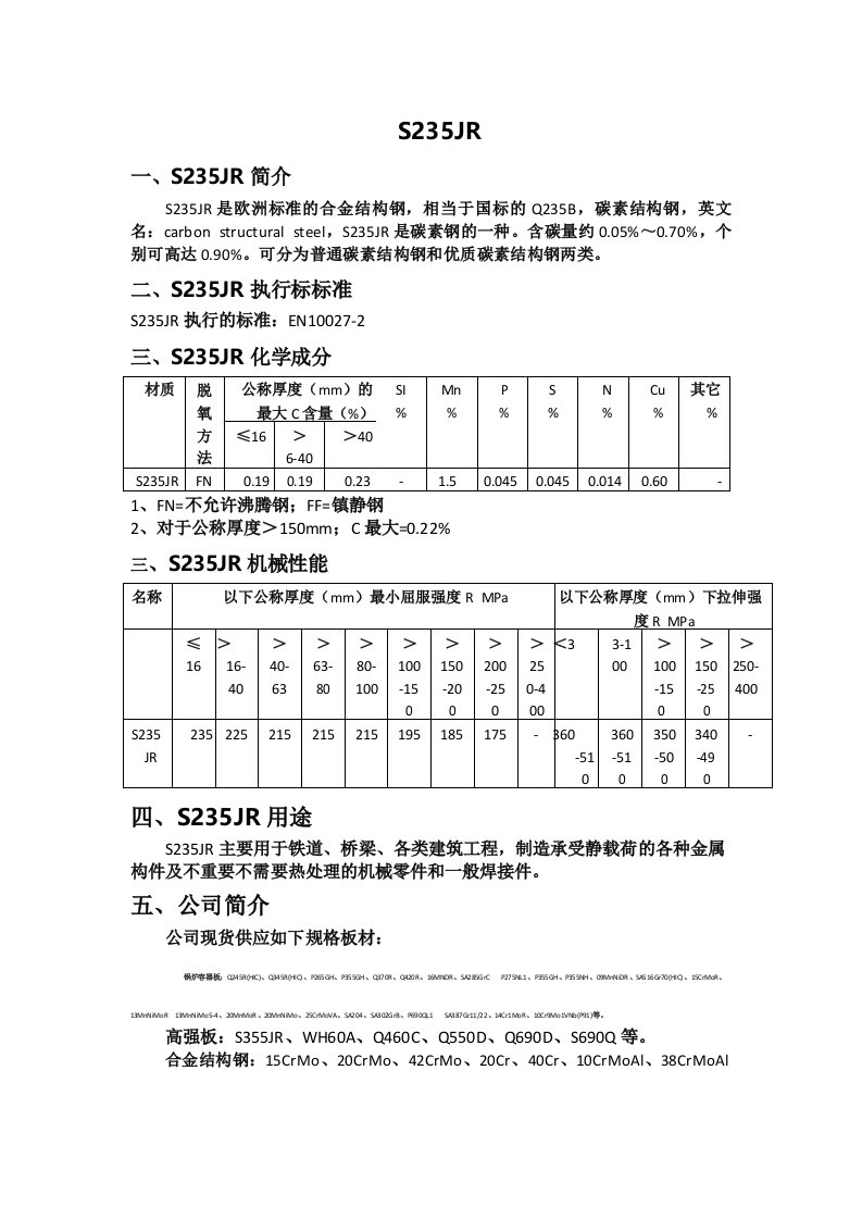 S235JR对应国内什么材质