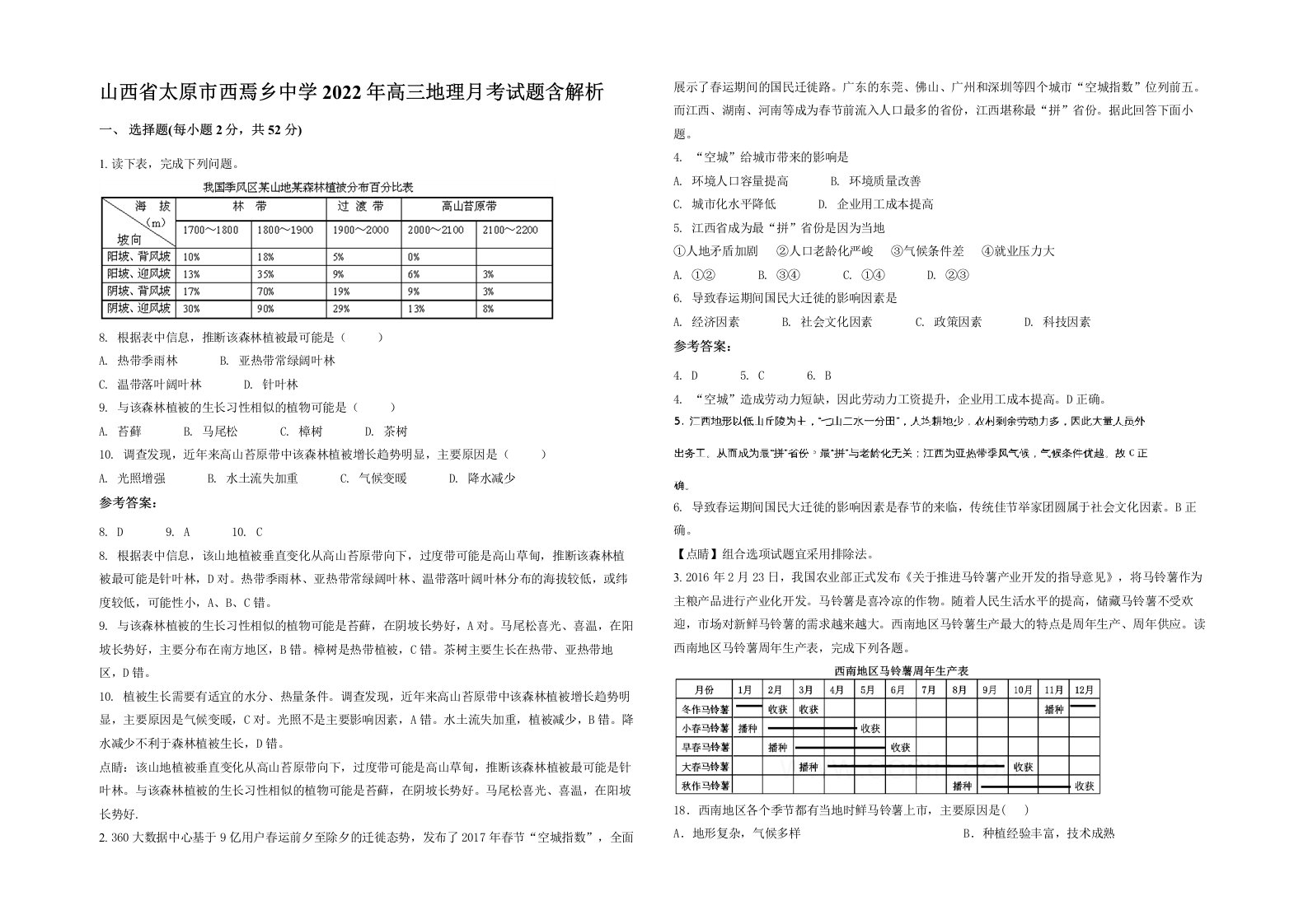 山西省太原市西焉乡中学2022年高三地理月考试题含解析