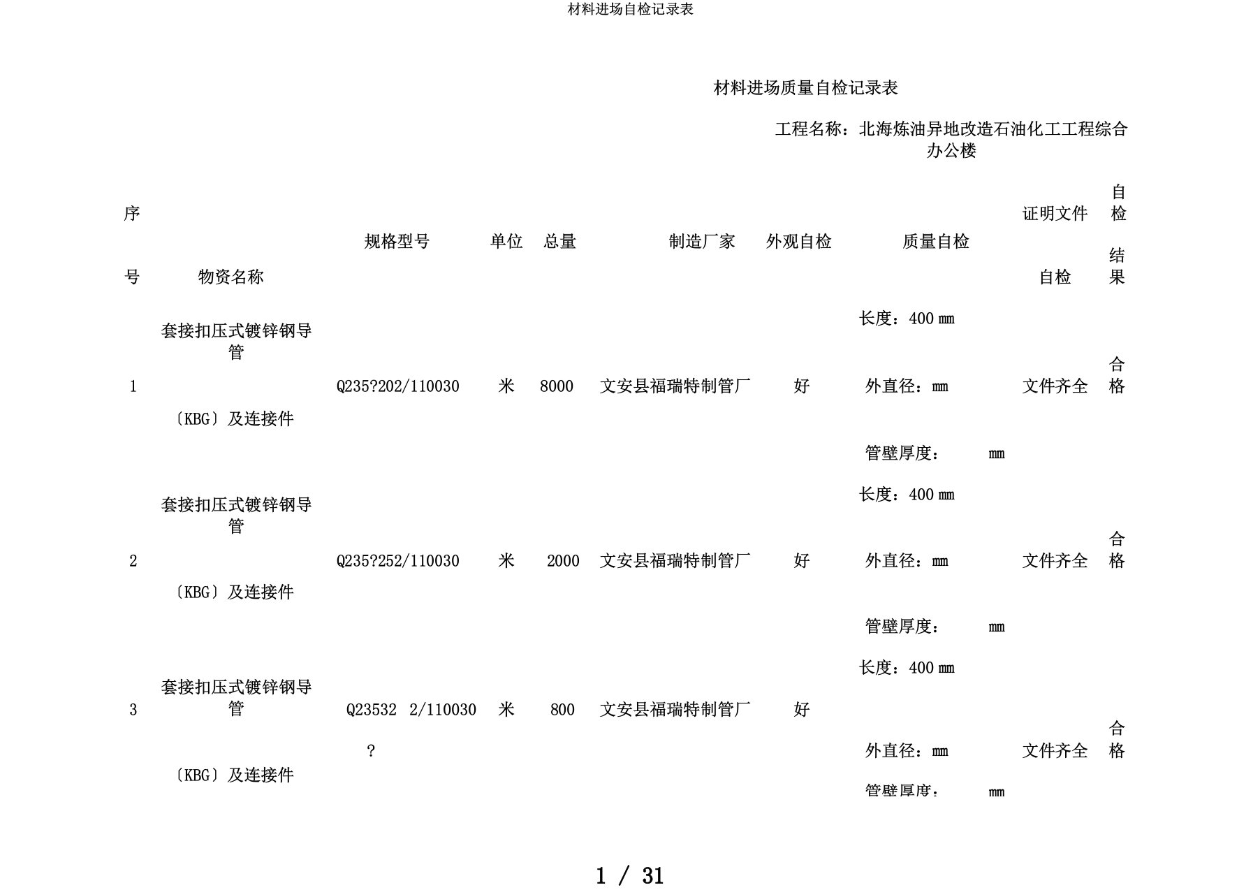 材料进场自检记录表