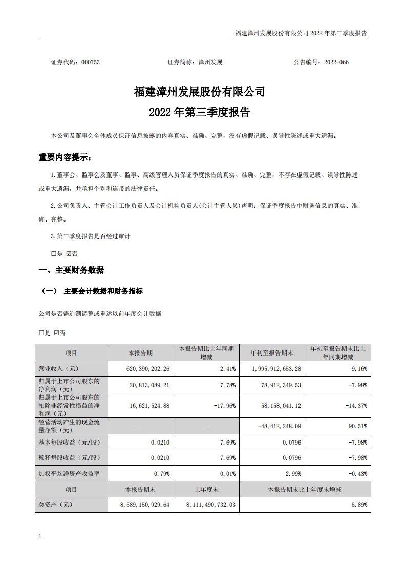 深交所-漳州发展：2022年三季度报告-20221022