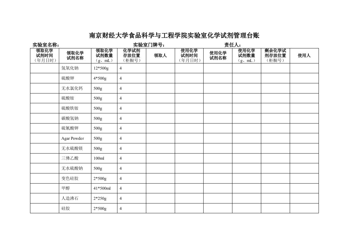 实验室化学试剂管理台账