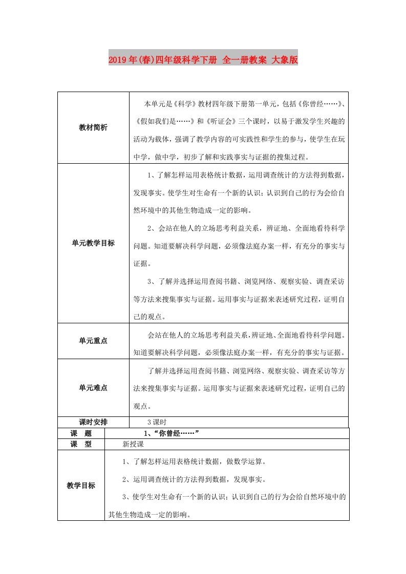 2019年(春)四年级科学下册