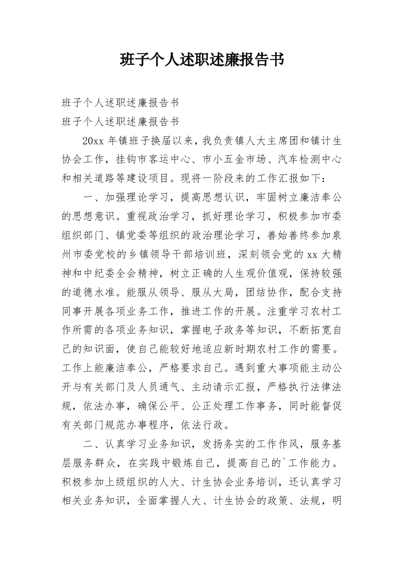 班子个人述职述廉报告书