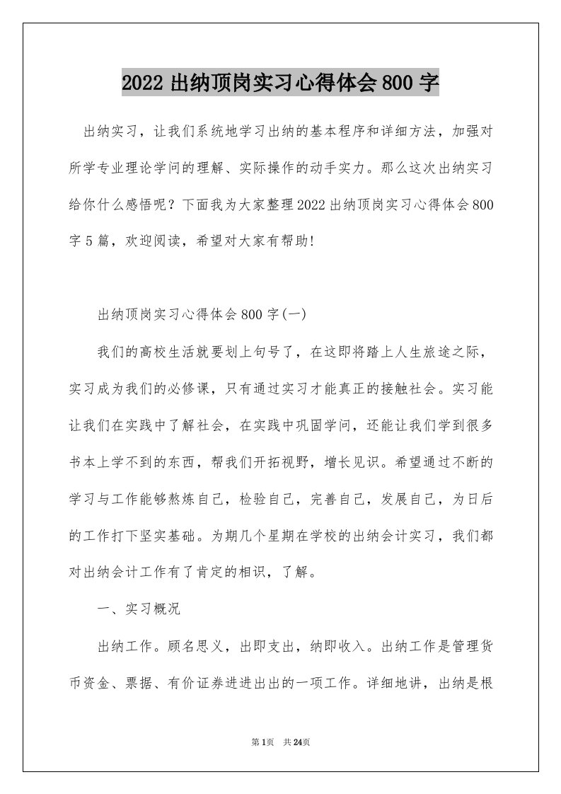 2022出纳顶岗实习心得体会800字