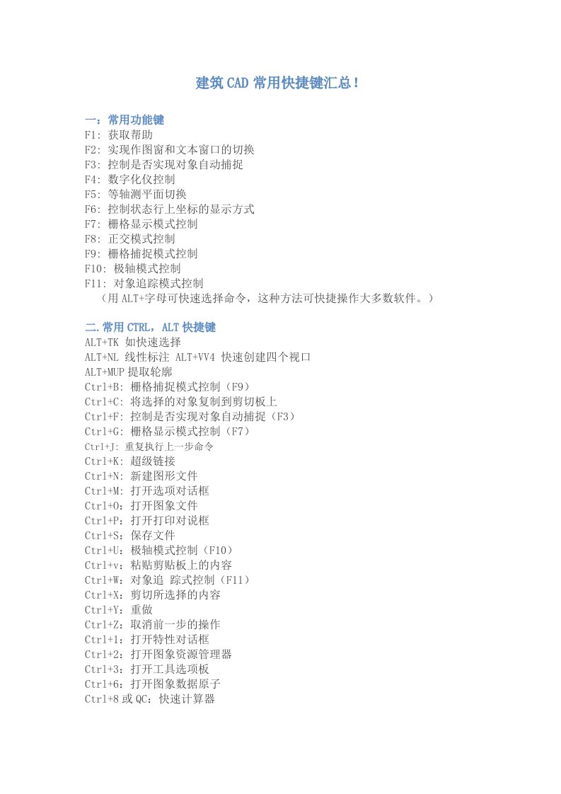建筑CAD常用快捷键汇总